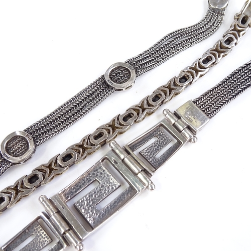 599 - 3 sterling silver stone set bracelets, Greek key design bracelet length 18cm, 54.3g total, (3)