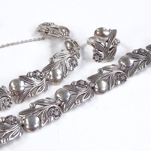 602 - A 1960s silver floral demi parure, comprising necklace, bracelet and ring, by Langstone Silver Works... 