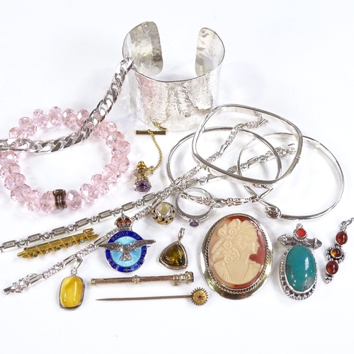 603 - Various silver and stone set jewellery, including flat curb link chain, cameo brooch etc, 260g total