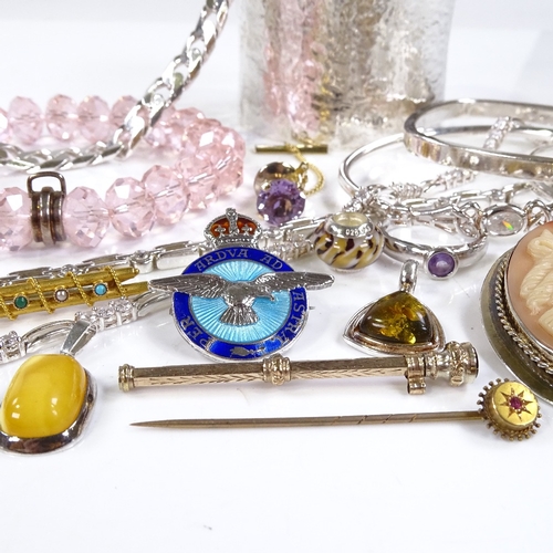 603 - Various silver and stone set jewellery, including flat curb link chain, cameo brooch etc, 260g total