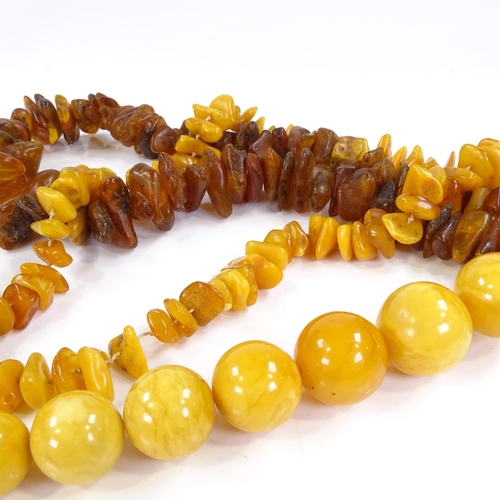 607 - 3 single strand amber necklaces, including butterscotch polished bead necklace, largest bead diamete... 