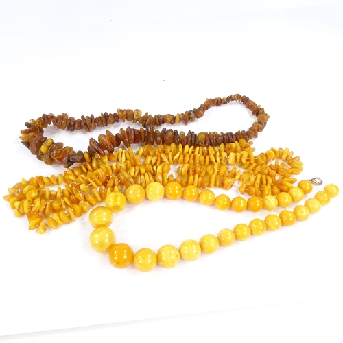 607 - 3 single strand amber necklaces, including butterscotch polished bead necklace, largest bead diamete... 