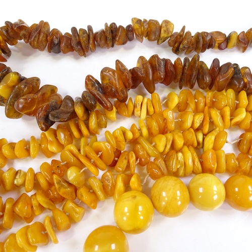 607 - 3 single strand amber necklaces, including butterscotch polished bead necklace, largest bead diamete... 