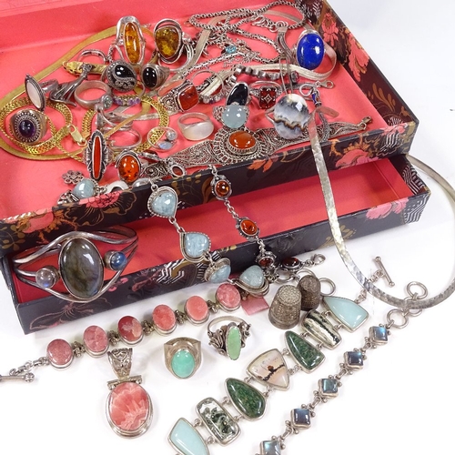 609 - Various silver stone set jewellery, including Mexican, Eastern and Scandinavian