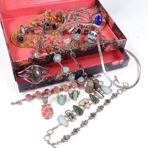 609 - Various silver stone set jewellery, including Mexican, Eastern and Scandinavian