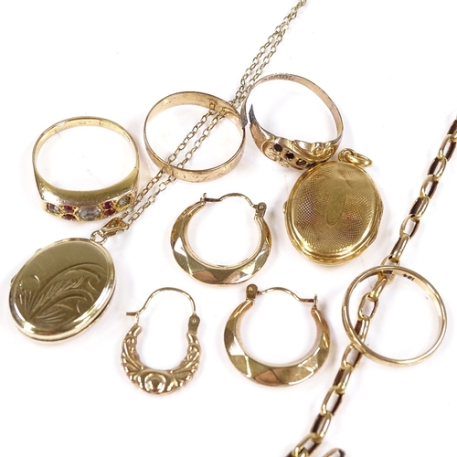 611 - Various gold jewellery, including 15ct stone set ring, 9ct wedding band ring, locket, etc, 17.4g tot... 