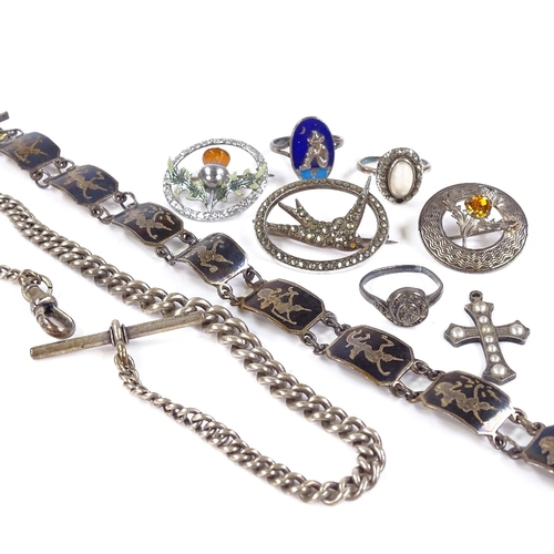 614 - Various silver jewellery, including enamelled thistle brooch, Thai bracelet etc, 65g total