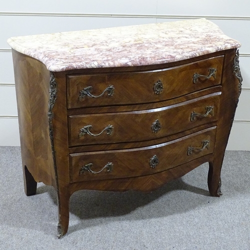 310 - A French walnut and kingwood bombe commode with shaped marble top, width 3'4