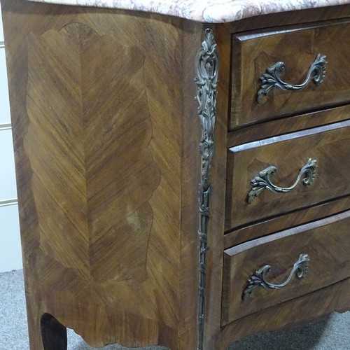 310 - A French walnut and kingwood bombe commode with shaped marble top, width 3'4