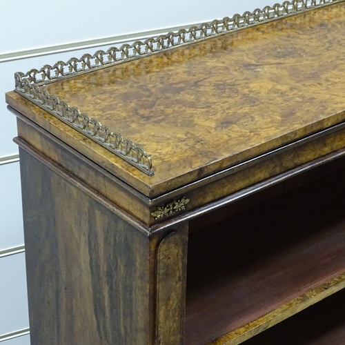 327 - A 19th century burr-walnut open bookcase, with ormolu gallery and mounts, width 3'6