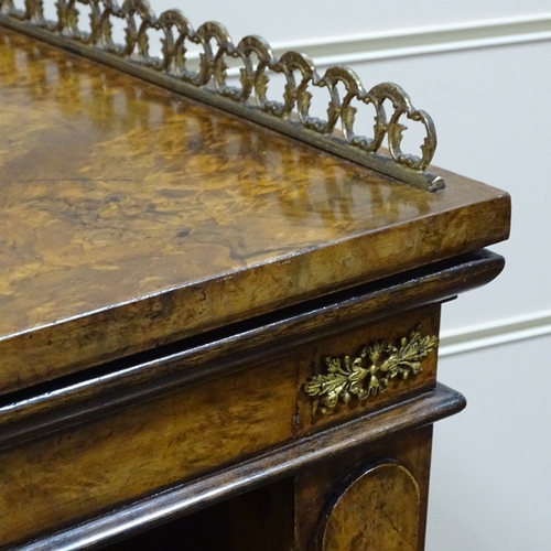 327 - A 19th century burr-walnut open bookcase, with ormolu gallery and mounts, width 3'6