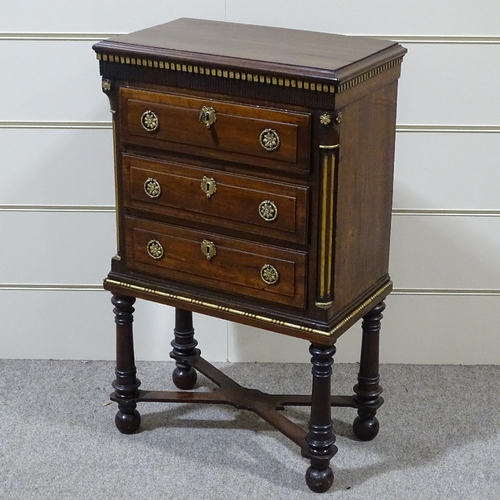 328 - A small 19th century mahogany chest of 3 drawers on stand, with parcel gilt fluted corner columns, w... 