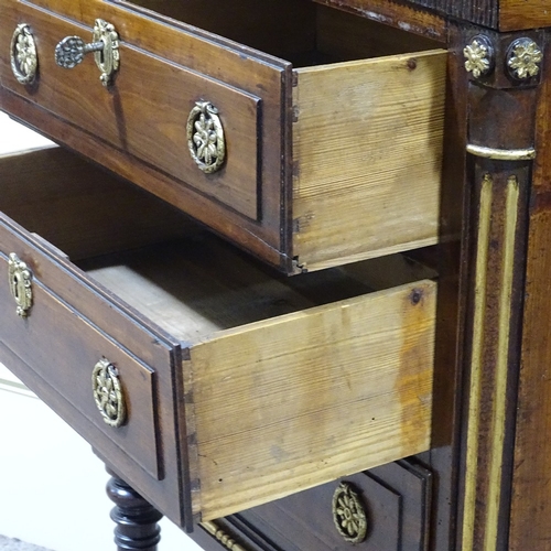 328 - A small 19th century mahogany chest of 3 drawers on stand, with parcel gilt fluted corner columns, w... 