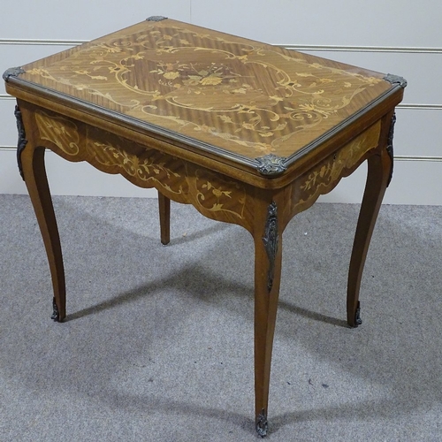 334 - An Italian walnut and floral marquetry inlaid fold over games table, with ormolu mouldings and mount... 