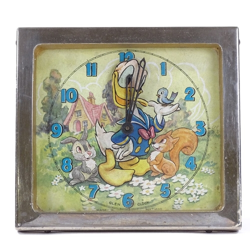 431 - A Walt Disney Donald Duck design Glen clock, made in Scotland, chrome plate frame, height 13cm