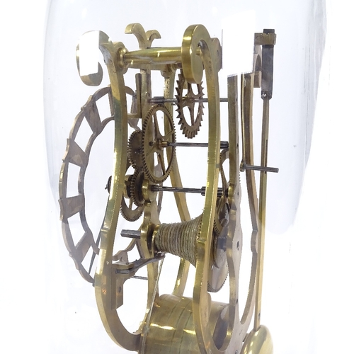 434 - A brass skeleton clock, single fusee movement with silvered dial under dome, overall height 36cm