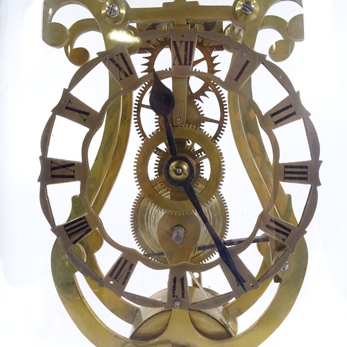 434 - A brass skeleton clock, single fusee movement with silvered dial under dome, overall height 36cm