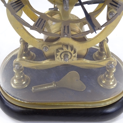 434 - A brass skeleton clock, single fusee movement with silvered dial under dome, overall height 36cm