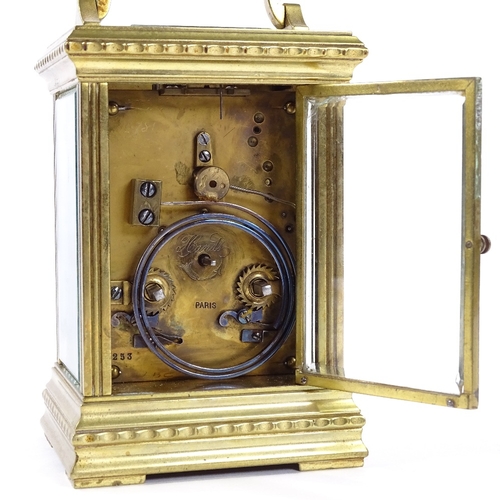 435 - A French brass-cased carriage clock, with repeat movement striking on a gong, case height 14.5cm