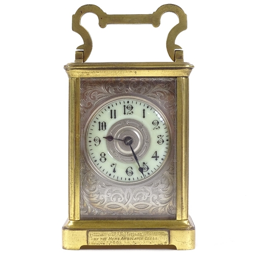 436 - 19th century French brass-cased carriage clock, with engraved silvered dial and 8-day movement strik... 