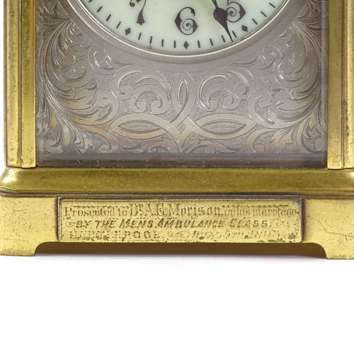 436 - 19th century French brass-cased carriage clock, with engraved silvered dial and 8-day movement strik... 