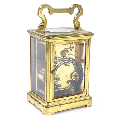 436 - 19th century French brass-cased carriage clock, with engraved silvered dial and 8-day movement strik... 