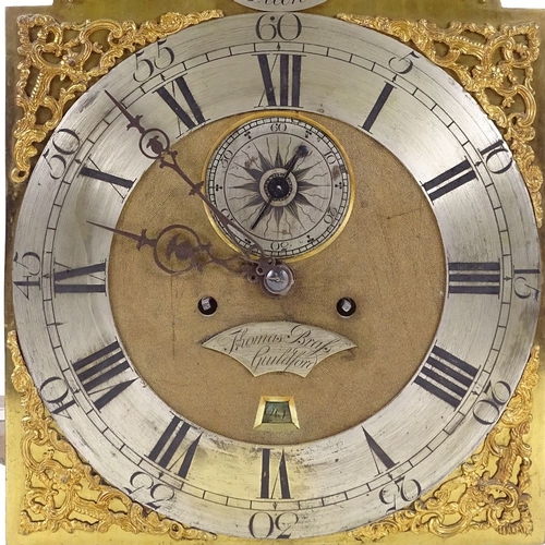 440 - A 19th century 8-day oak longcase clock, with brass dial signed Thomas Brass of Guildford, the 30cm ... 