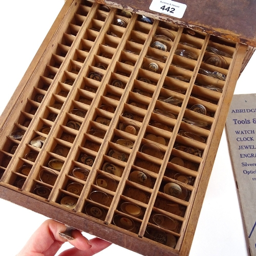 442 - HOROLOGY INTEREST - watchmaker's chest of drawers, containing various size watch glasses, and a 1921... 