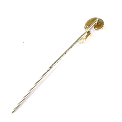 546 - An Edwardian 15ct gold split-pearl question mark stick pin, overall length 55.6mm, 0.9g