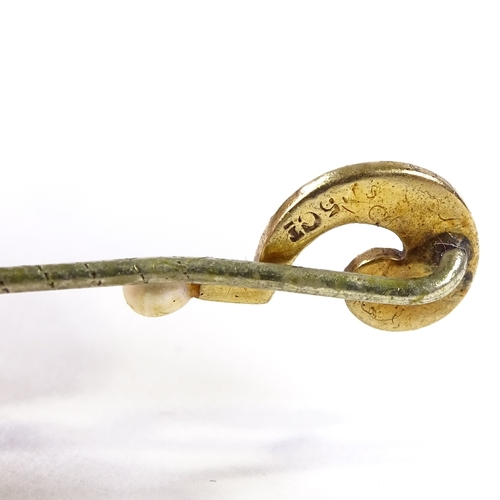 546 - An Edwardian 15ct gold split-pearl question mark stick pin, overall length 55.6mm, 0.9g