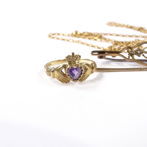 550 - Group of gold and silver jewellery, including 9ct stone set swivel fob seal, amethyst Claddagh ring,... 