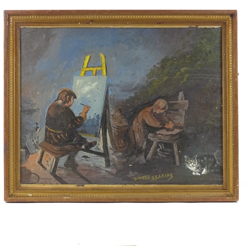 1228 - Dennis Barrass (born 1942), oil on canvas, artist at work, signed, 16