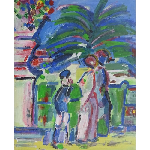 1231 - Scottish School, acrylic on card, figures on a terrace, unsigned, 16