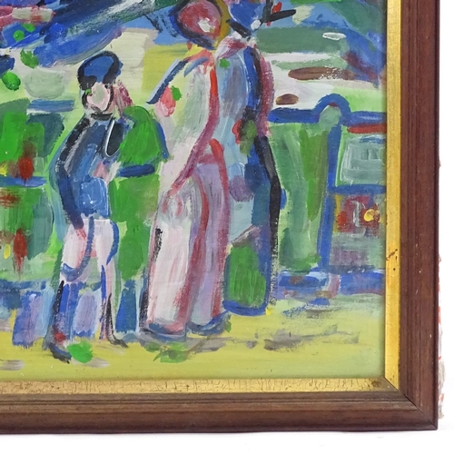 1231 - Scottish School, acrylic on card, figures on a terrace, unsigned, 16