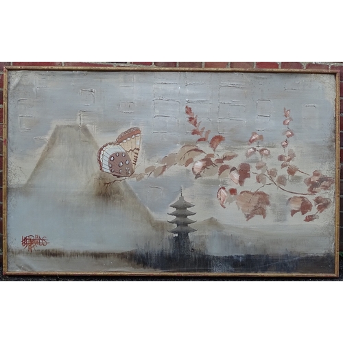 1238 - Mid-20th century Chinese School, oil on canvas, butterflies in a landscape, signed, 36