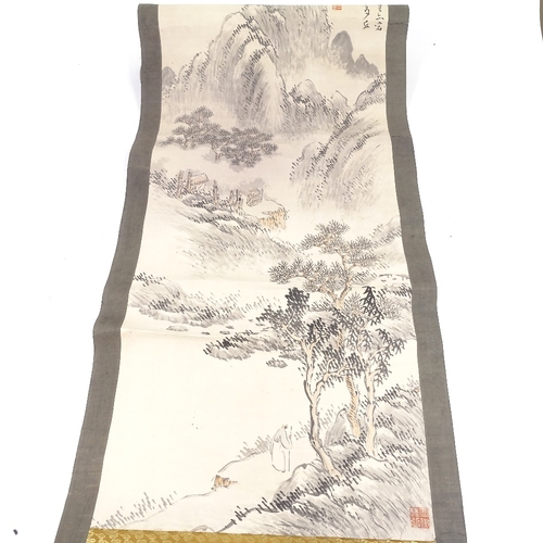 1239 - Chinese School, watercolour scroll painting with text inscription, width 22