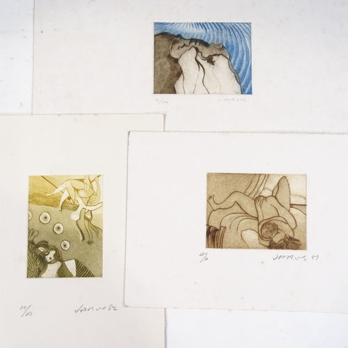 1240 - Roland Jarvis, 3 small coloured etchings, surrealist compositions, signed in pencil, 1981 and '82, p... 