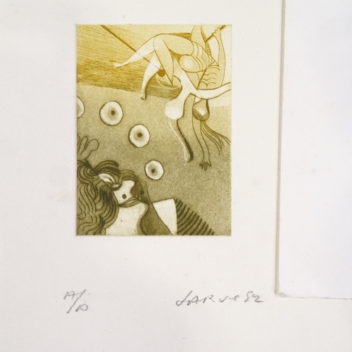 1240 - Roland Jarvis, 3 small coloured etchings, surrealist compositions, signed in pencil, 1981 and '82, p... 