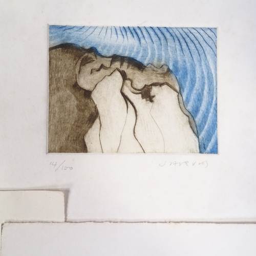 1240 - Roland Jarvis, 3 small coloured etchings, surrealist compositions, signed in pencil, 1981 and '82, p... 