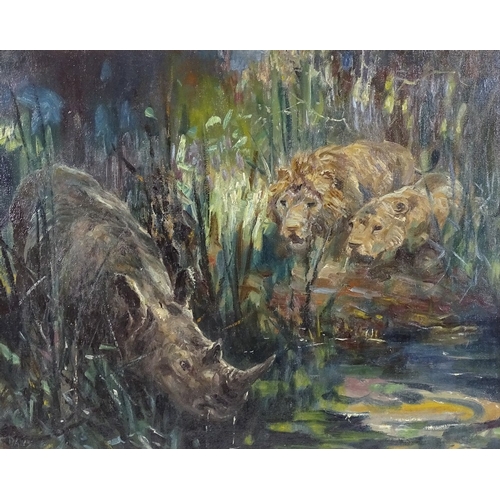 1247 - Frederick Thomas Daws (1878 - 1956), oil on canvas, lion and rhino at the watering hole, signed, 16