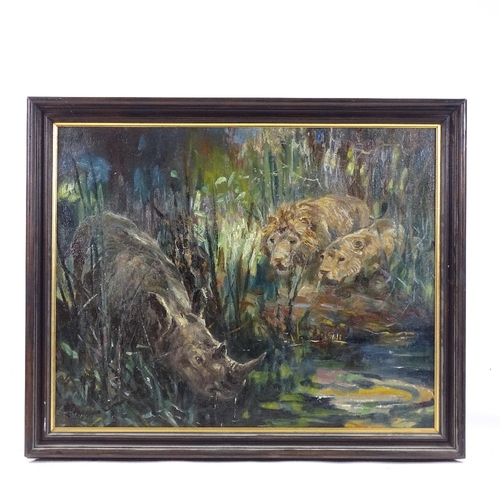 1247 - Frederick Thomas Daws (1878 - 1956), oil on canvas, lion and rhino at the watering hole, signed, 16