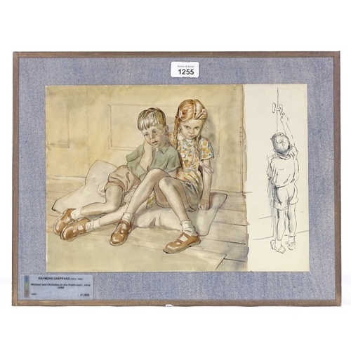 1255 - Raymond Sheppard (1913 - 1958), watercolour, Michael and Christine in the front room, circa 1950, 10... 