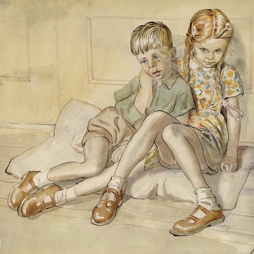 1255 - Raymond Sheppard (1913 - 1958), watercolour, Michael and Christine in the front room, circa 1950, 10... 