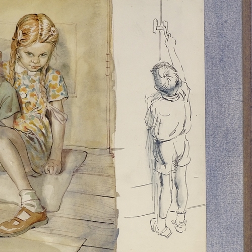 1255 - Raymond Sheppard (1913 - 1958), watercolour, Michael and Christine in the front room, circa 1950, 10... 