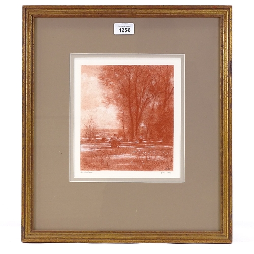 1256 - Sanguine chalk drawing, figures in parkland, signed with monogram HM, dated 1983, 8