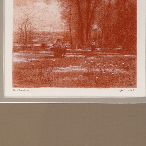 1256 - Sanguine chalk drawing, figures in parkland, signed with monogram HM, dated 1983, 8