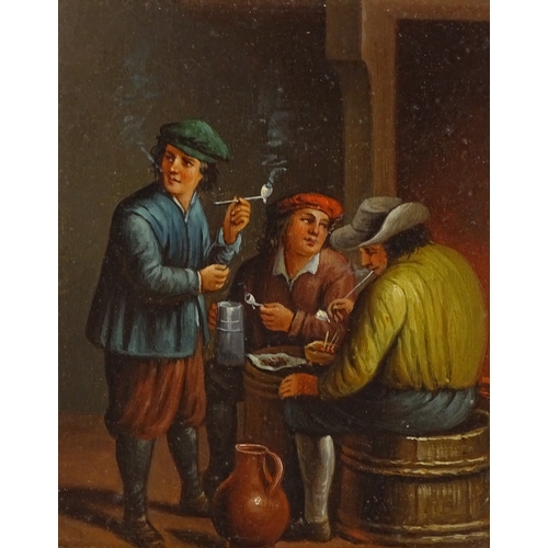 1260 - 19th century oil on metal, 3 men in a tavern, unsigned, 8