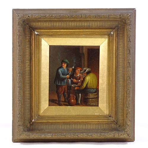 1260 - 19th century oil on metal, 3 men in a tavern, unsigned, 8