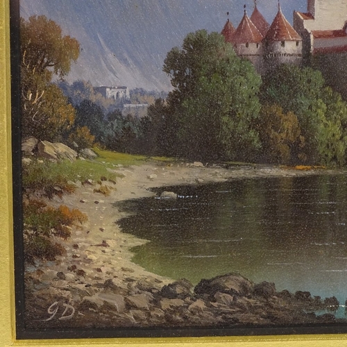 1261 - 19th century oil on board, Chateau Chillon, signed with monogram GD, 9.5