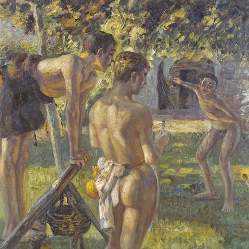 1265 - Modern oil on board, boys in an orchard, 22.5